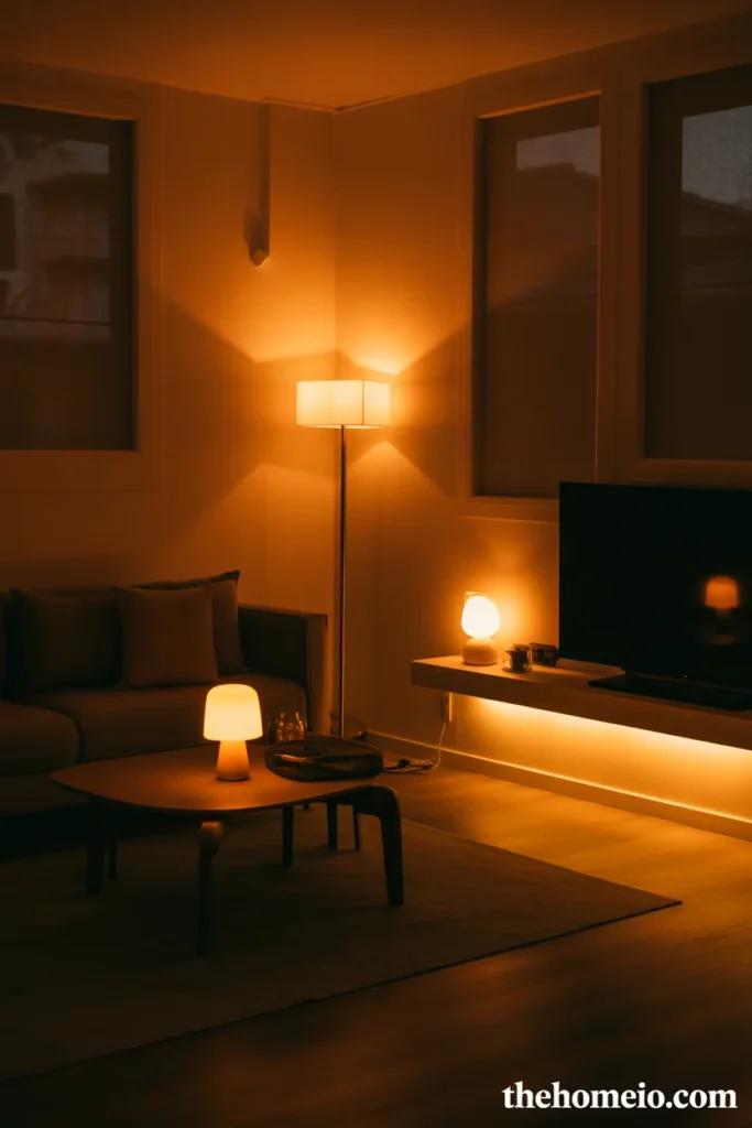 Small apartment living room at evening with layered warm lighting from floor lamp two table lamps and LED shelf accent strip