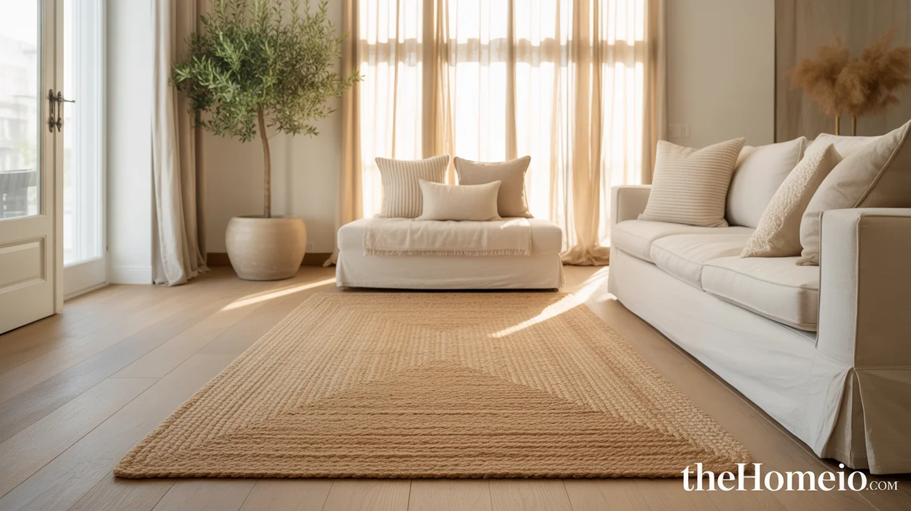 Modern living room with natural jute rug ideas, neutral decor, and warm sunlight aesthetic