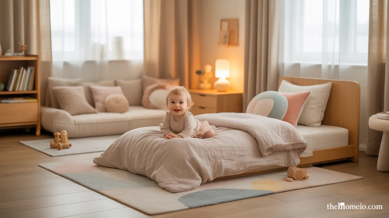 Cozy Toddler Bedroom Decor Ideas with floor bed, layered rugs, and warm neutral decor