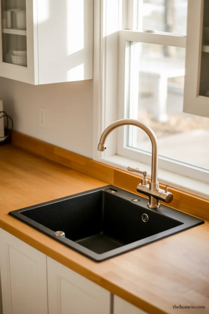 Kitchen with charcoal composite granite undermount sink below warm butcher block countertop and brushed gold faucet bridging both tones