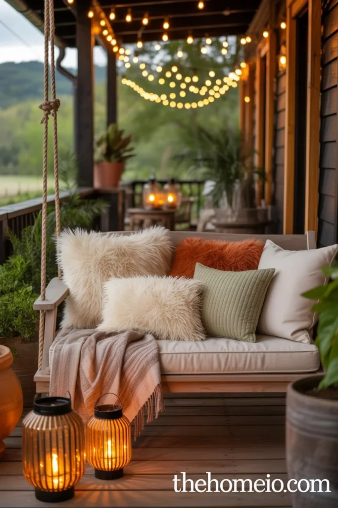 Porch swing with lantern decor and warm lighting