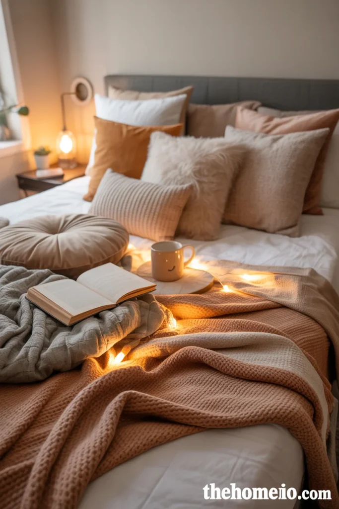 Dorm bed styled like cozy lounge area