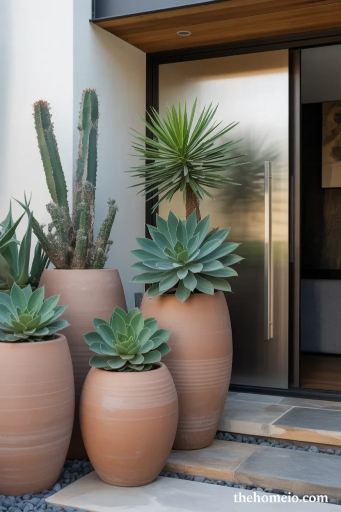 Large clay planters with succulents outdoors