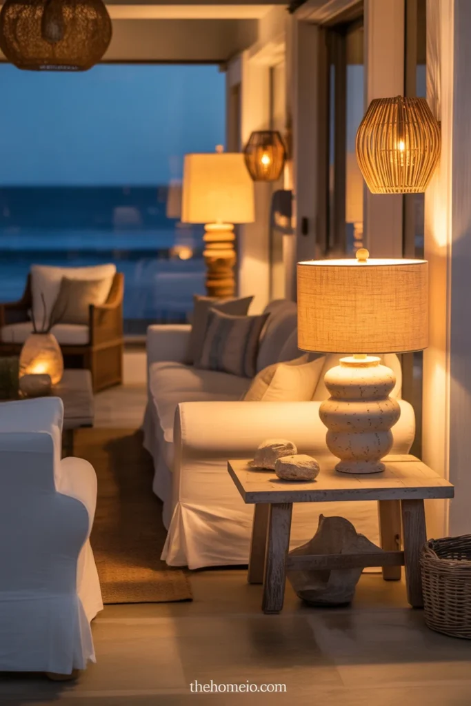 Warm ambient lighting in beach house interior