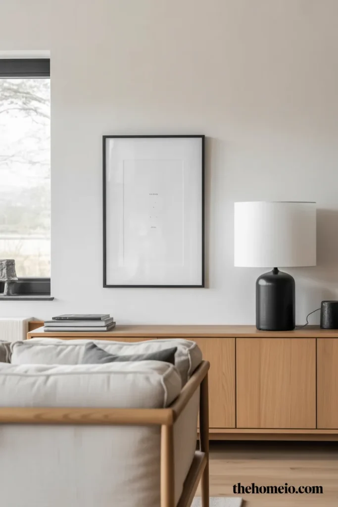 Scandinavian living room with black appearing only in framed art print matte black lamp base and black framed window against white oak and linen