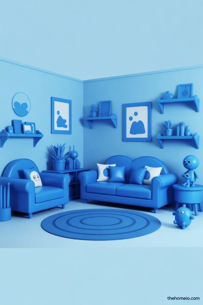 Toca Boca monochrome blue living room ideas with matching furniture and wall