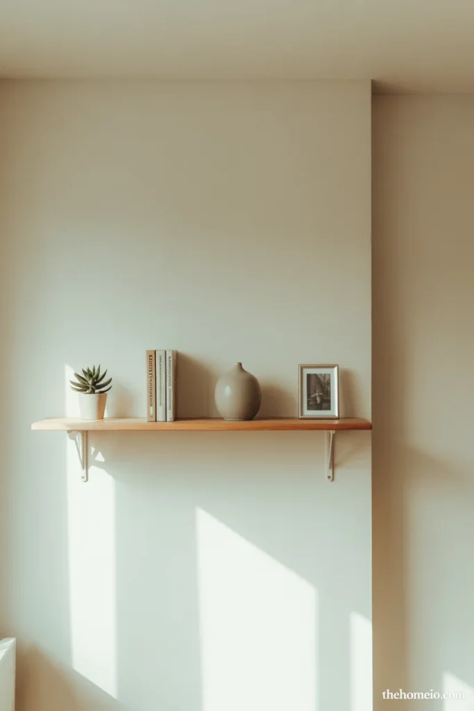 Small apartment with single floating shelf holding five objects plant books ceramic vase and photo with deliberate empty space between each