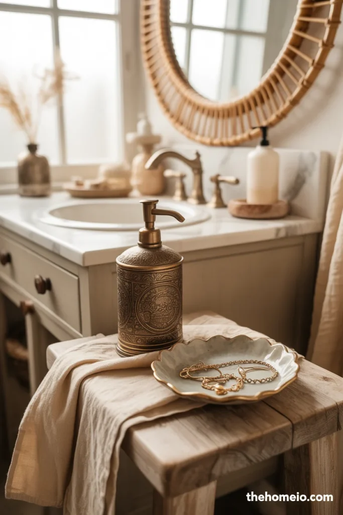 Boho bathroom vanity with antique brass soap dispenser vintage ceramic dish wooden stool with linen hand towel and rattan mirror above