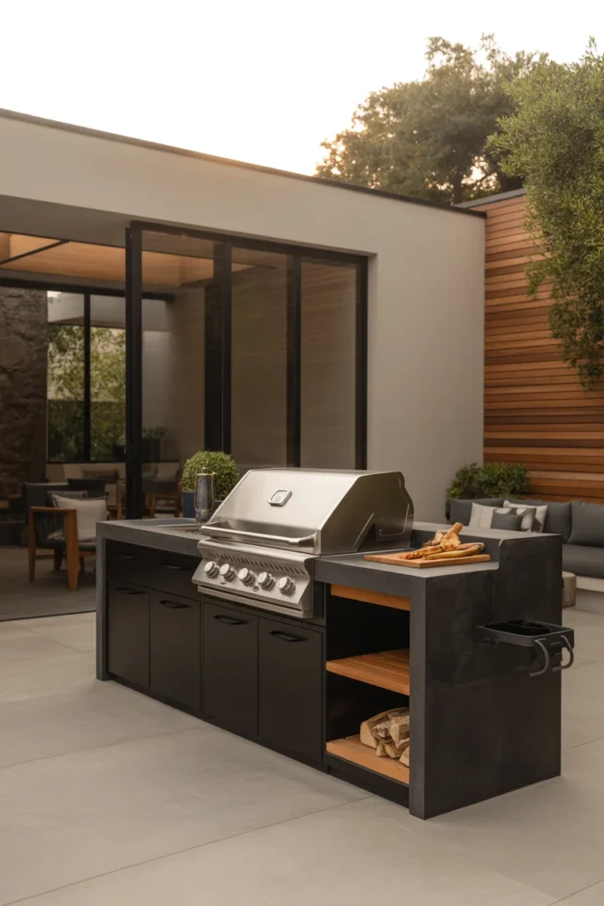 Modern matte black built-in outdoor grill station