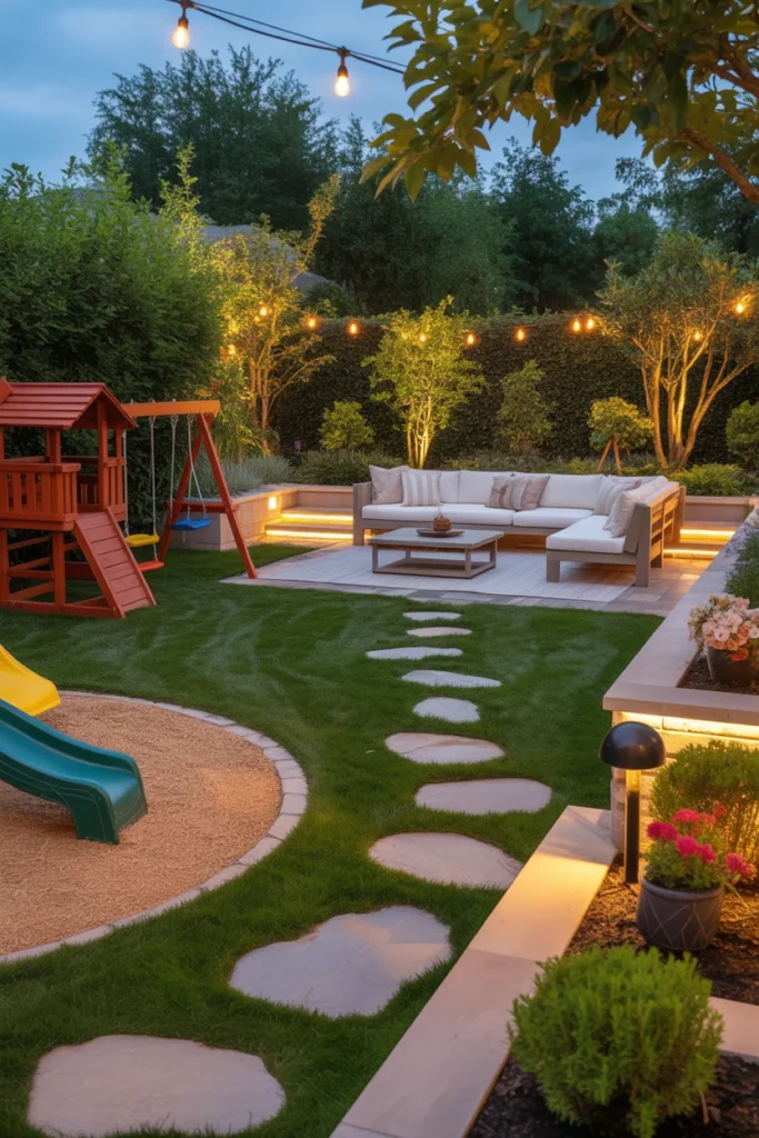 Family-friendly backyard with kids play and adult seating