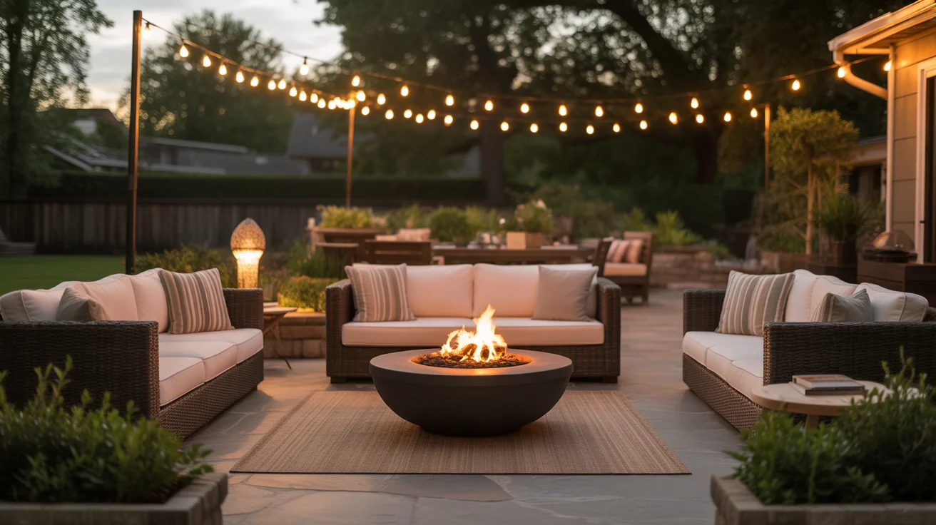 Cozy luxury outdoor fire pit patio with sectional seating and string lights 13 Amazing Outdoor Fire Pit Patio Ideas for a Cozy Backyard Retreat