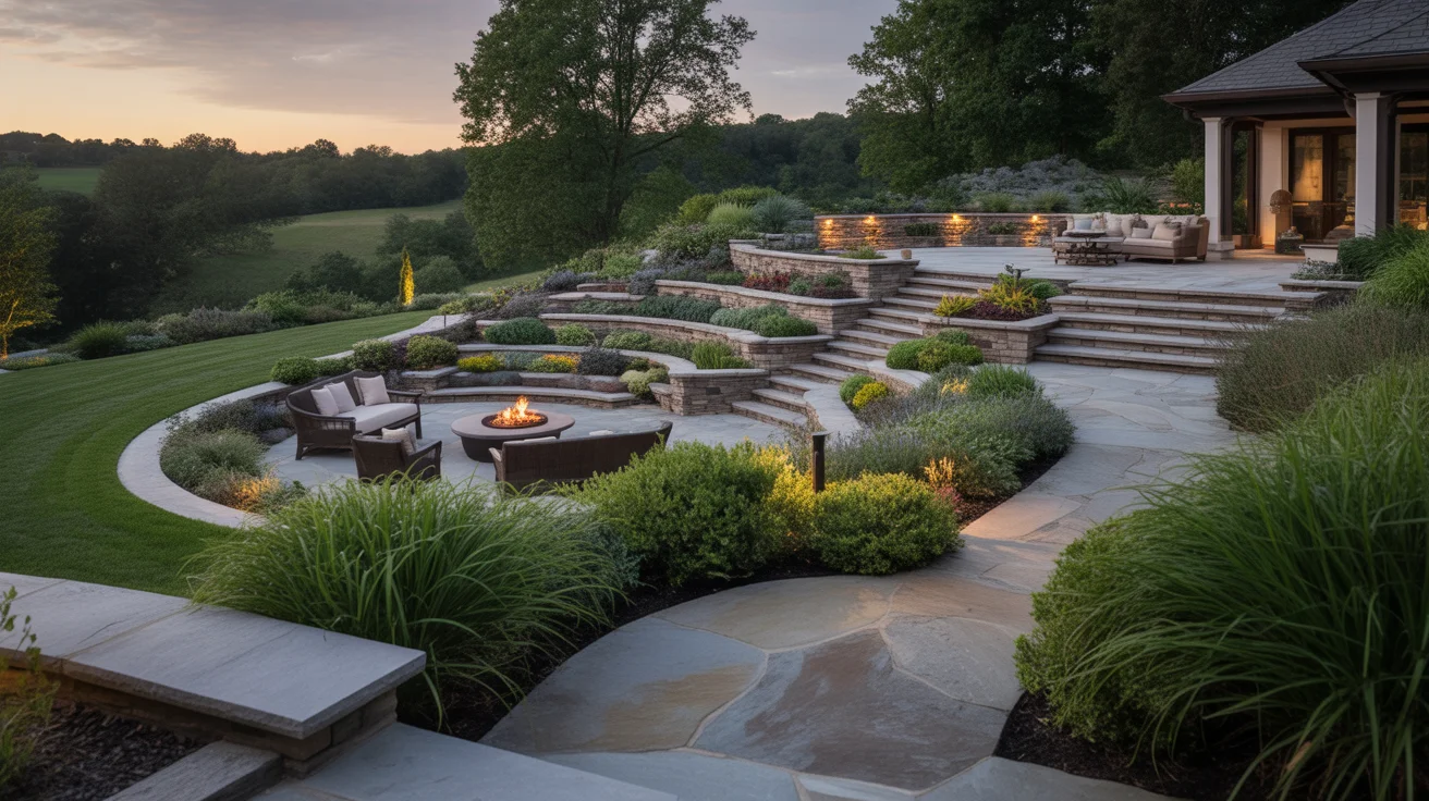 Beautiful layered sloped backyard landscaping with terraces and fire pit 13 Beautiful Sloped Backyard Landscaping Ideas to Transform Your Outdoor Space