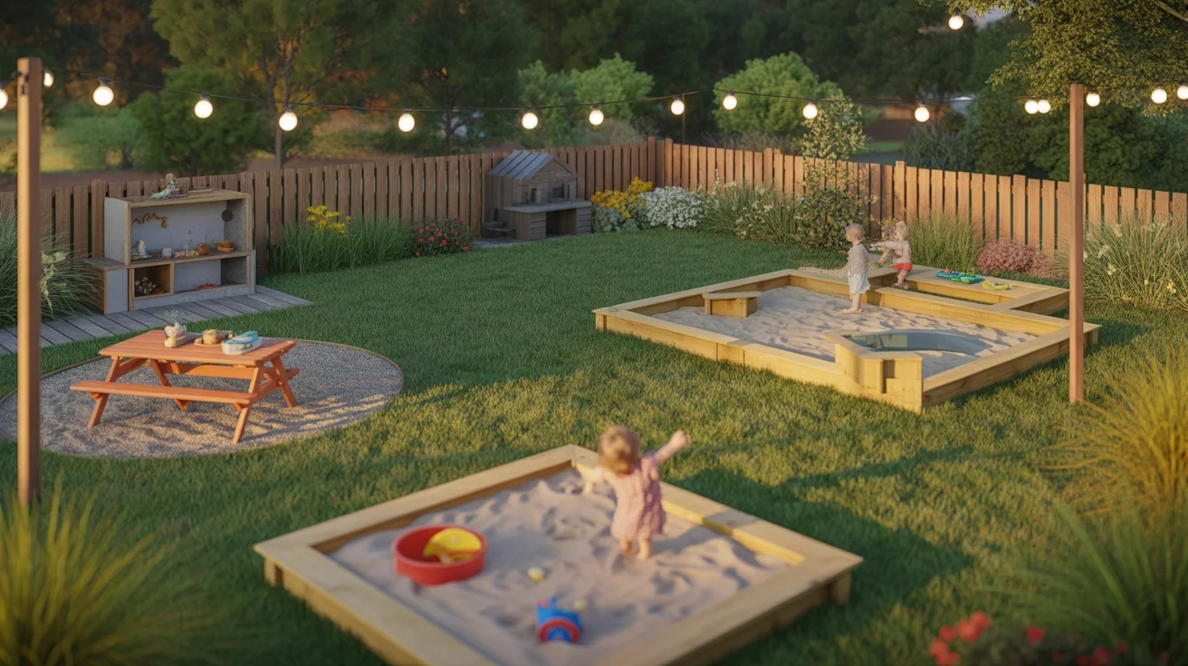 Stylish kid-friendly backyard with sandbox and cozy outdoor play zones Stylish kid-friendly backyard with sandbox and cozy outdoor play zones