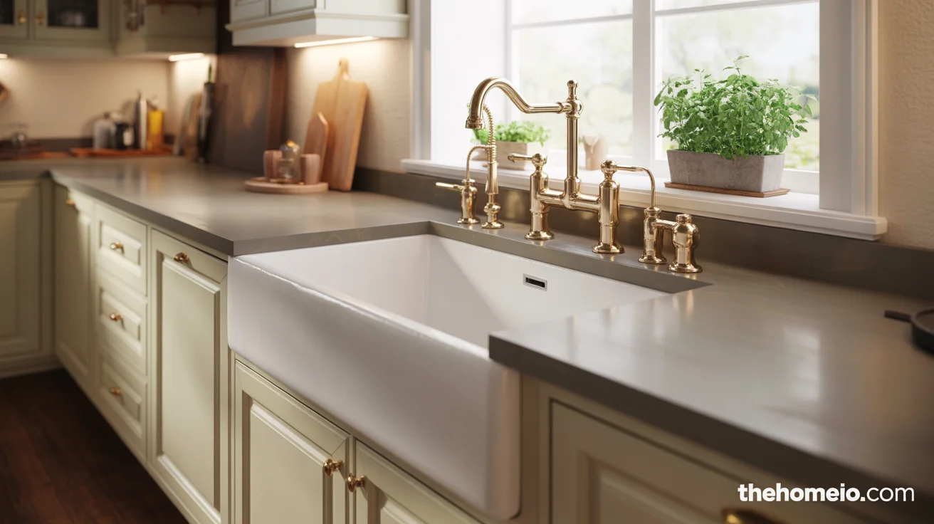 Luxury kitchen with white fireclay apron front farmhouse sink in warm gray quartz countertop with unlacquered brass bridge faucet and white shaker cabinets