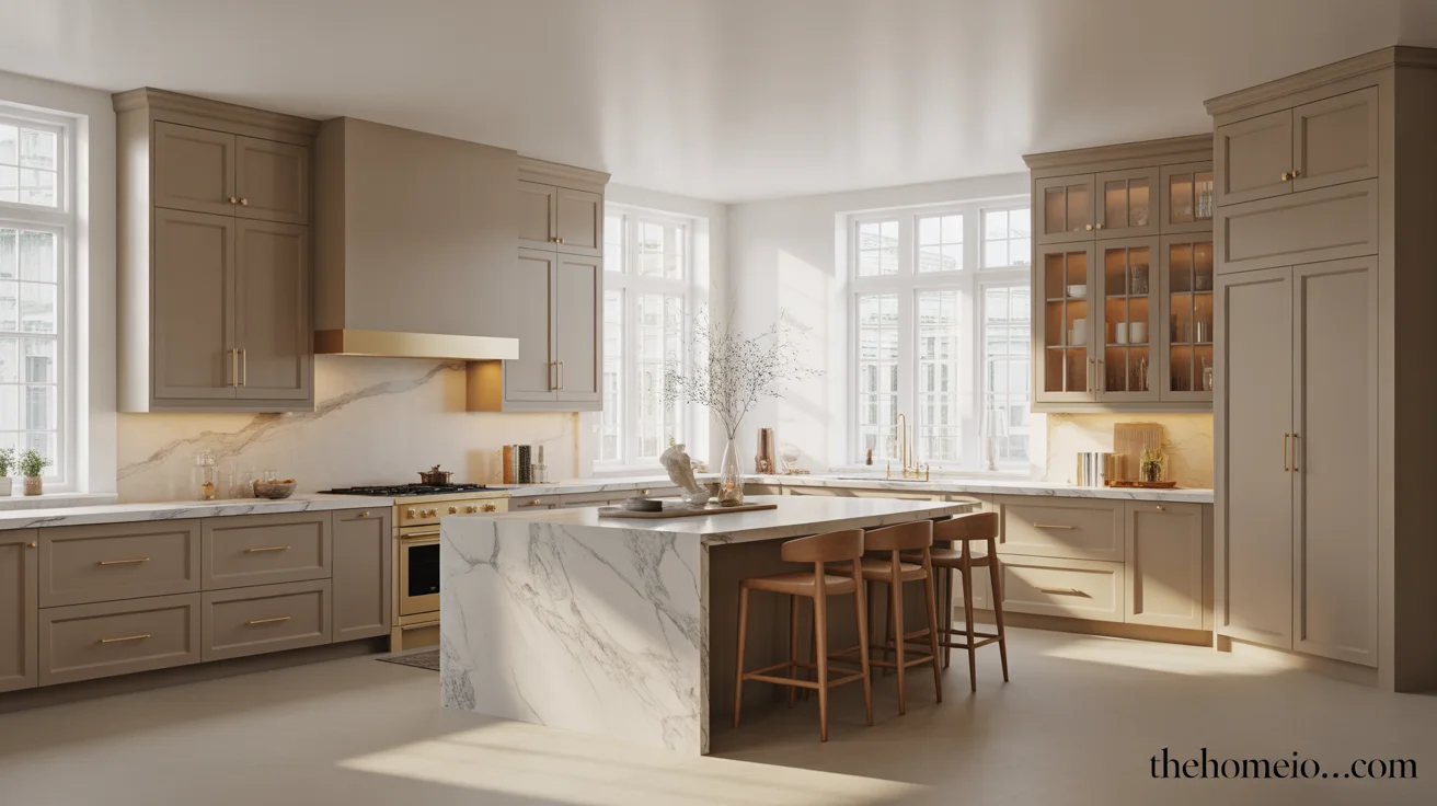 Modern taupe kitchen cabinet ideas with marble island and brass hardware