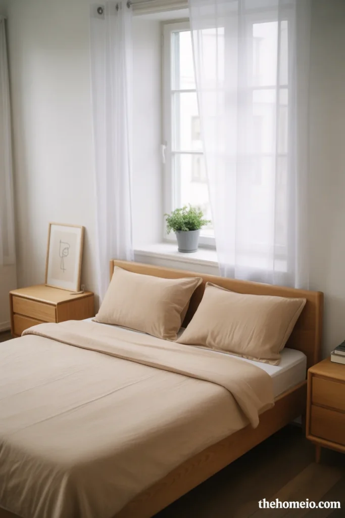 Spare Scandinavian bedroom with light oak bedframe pale oat linen duvet two bedside lamps small plant on windowsill and unframed art print leaning on wall