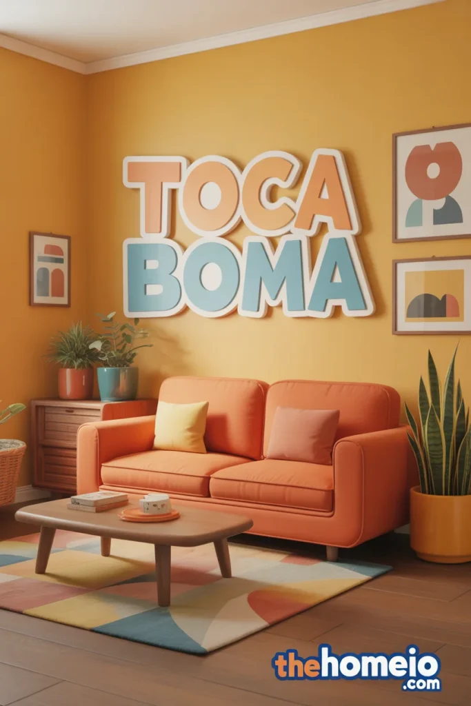 Toca Boca retro living room ideas with orange sofa mustard walls and vintage style
