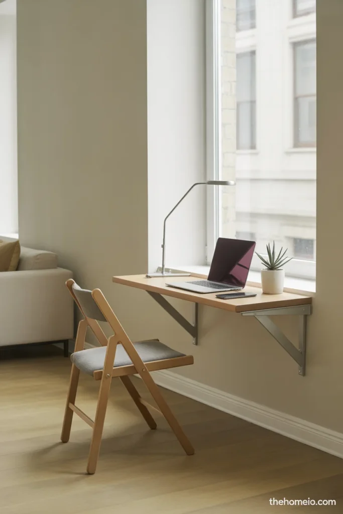 Small apartment with narrow floating wall-mounted desk beside window with task lamp laptop small plant and compact chair beneath