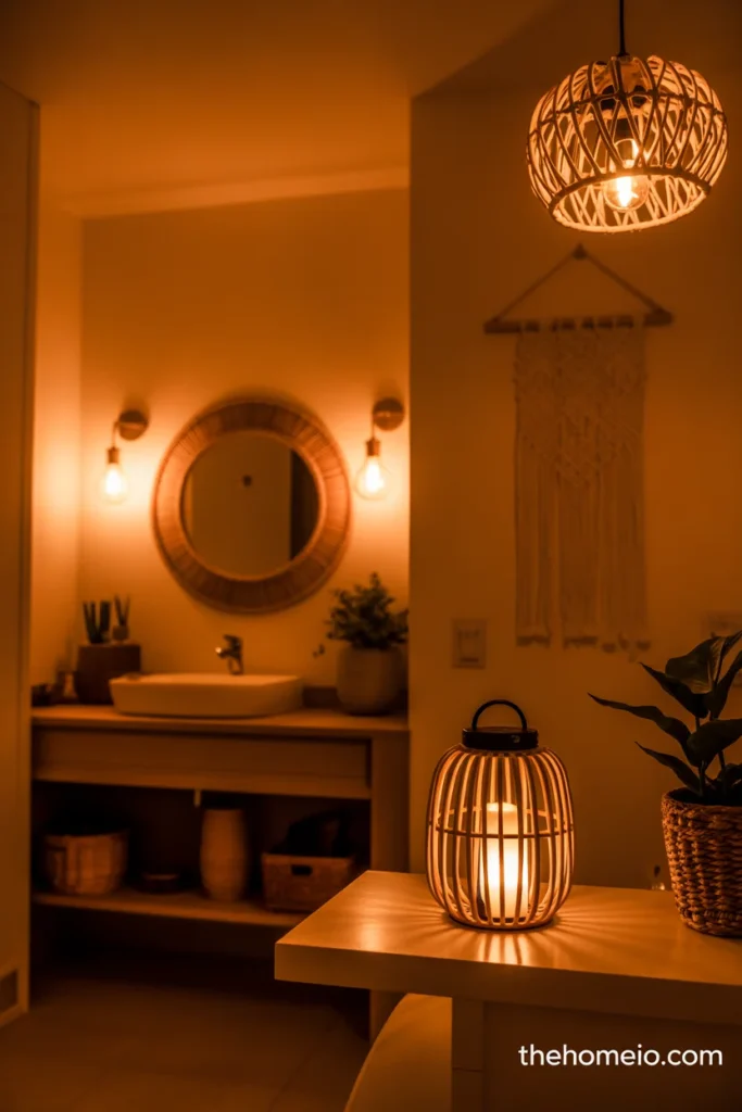 Boho bathroom at evening with Edison sconces beside rattan mirror rattan pendant ceiling light and candle lantern on floating shelf