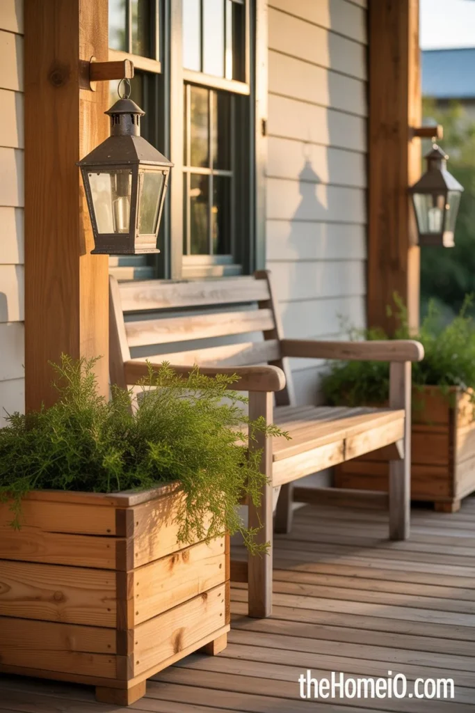 Lantern decor with natural wood accents on porch