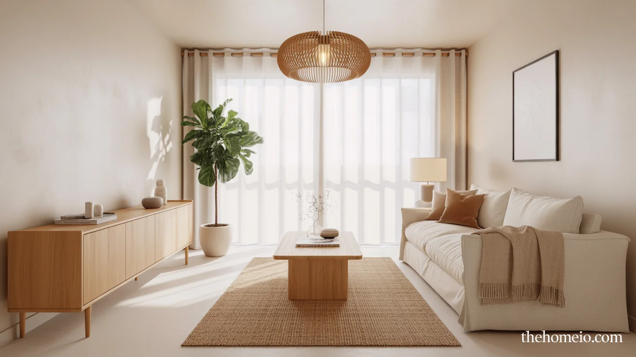 Scandinavian Interior Ideas with white walls oak credenza linen sofa wool throw jute rug fiddle leaf fig rattan pendant and sheer linen curtains