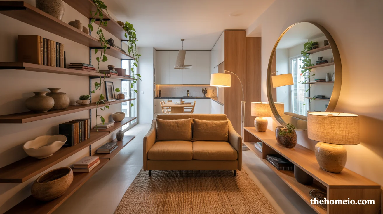 Small Apartment Decor Ideas with floating shelves compact sofa large mirror jute rug fold-down dining table and layered warm lighting