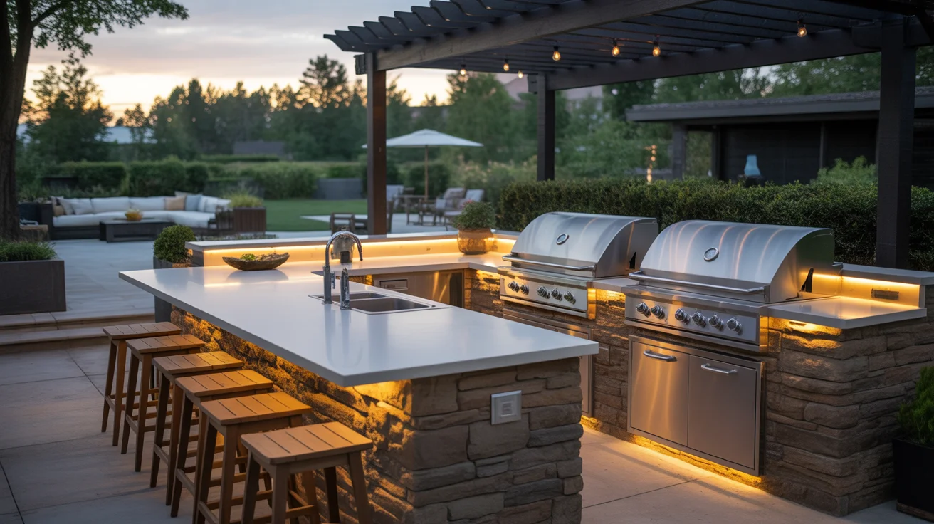 Luxury built-in outdoor grill kitchen with pergola and bar seating 14 Stylish Built-In Outdoor Grill Design Ideas for a Luxury Backyard Setup