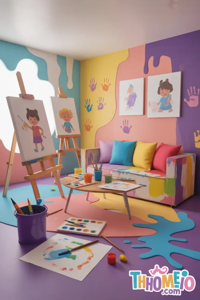 Toca Boca artist living room ideas with paint walls canvases and creative decor