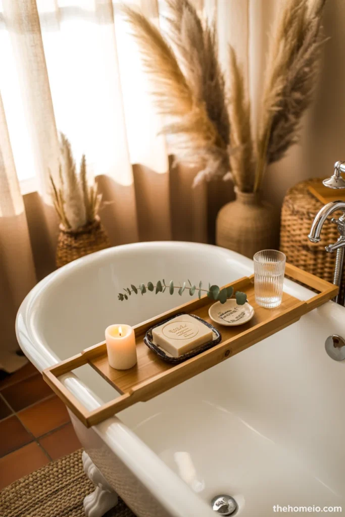 Boho bathroom with wooden bathtub tray on freestanding soaking tub holding candle natural soap eucalyptus ceramic dish and glass of water