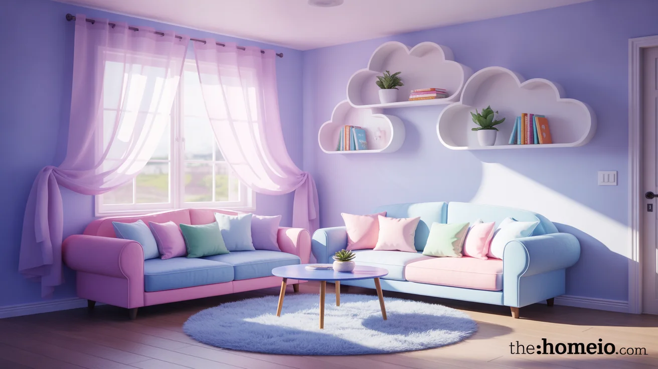 Toca Boca living room ideas with lavender walls pastel blue sofa pink mint cushions cloud shelves fluffy white rug and bright daylight