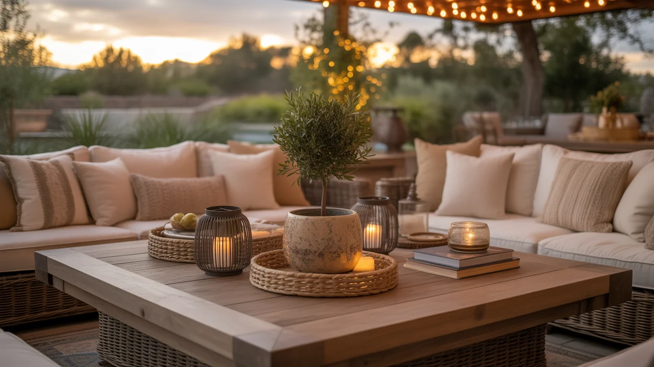 Stylish outdoor patio coffee table decor ideas with lanterns and layered textures