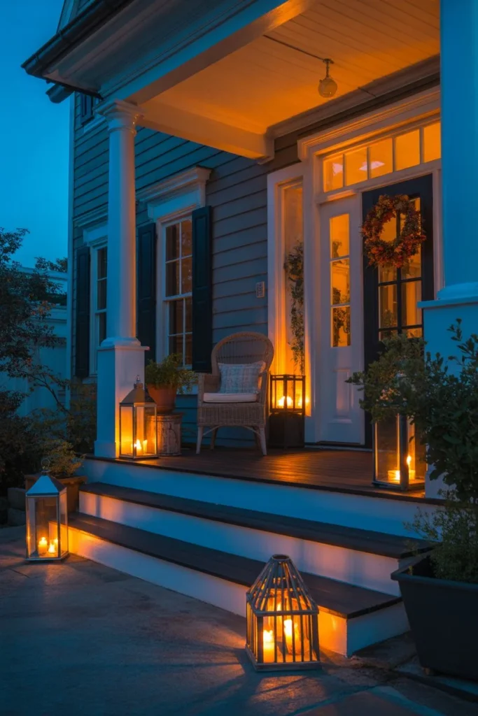 Warm glowing lantern decor on elegant front porch