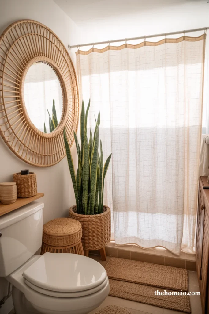 Small boho bathroom with large rattan mirror tall snake plant in woven basket stacked baskets on shelf linen shower curtain and layered bath mats