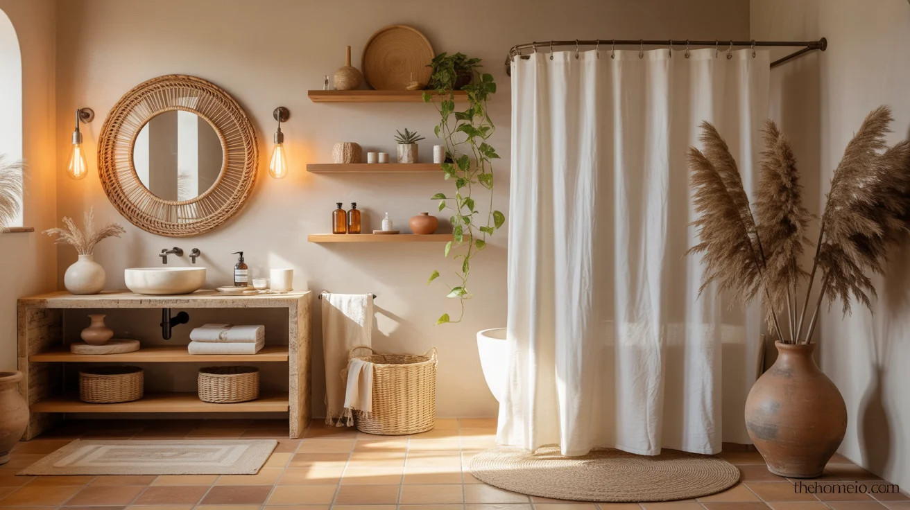 Boho bathroom ideas with rattan mirror wooden vanity white linen curtain floating shelves trailing pothos pampas grass layered mats and Edison sconces