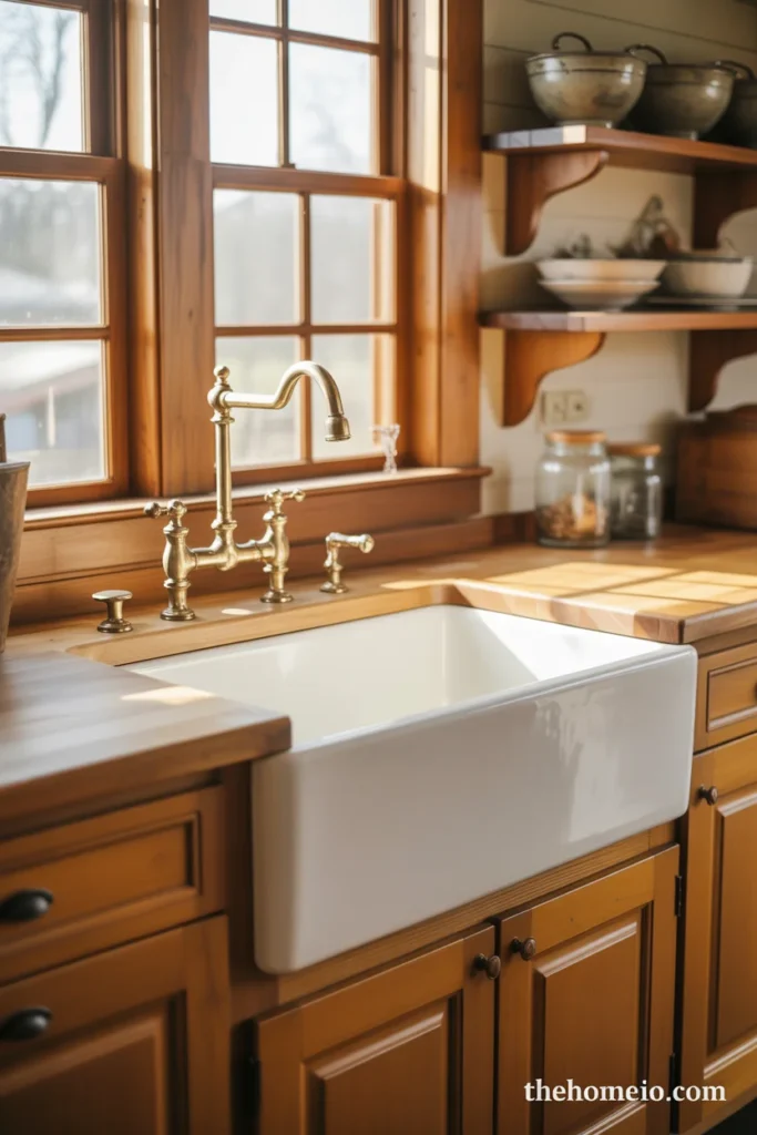 Farmhouse kitchen with large white fireclay apron front sink aged brass bridge faucet and warm wood floating shelves