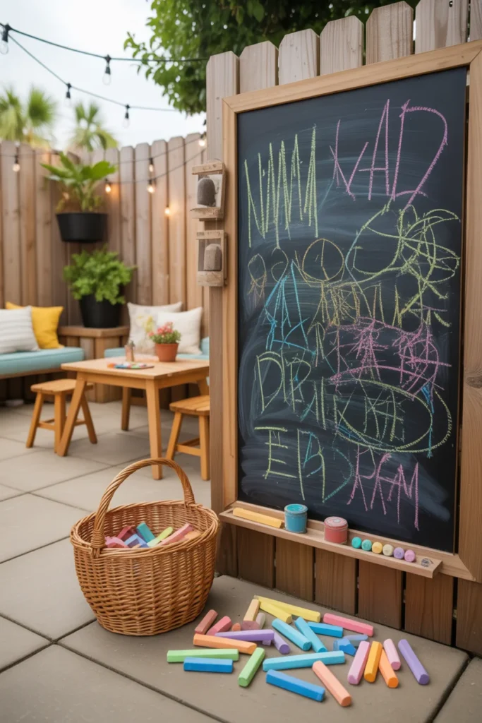 Outdoor chalk wall for backyard kids play area
