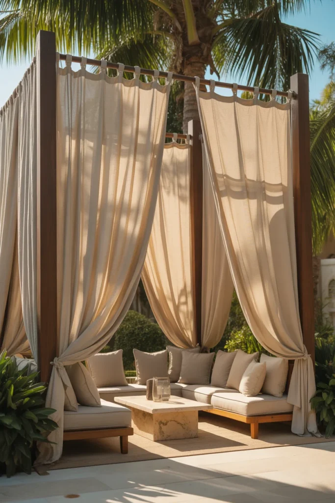 Outdoor patio with soft flowing curtains