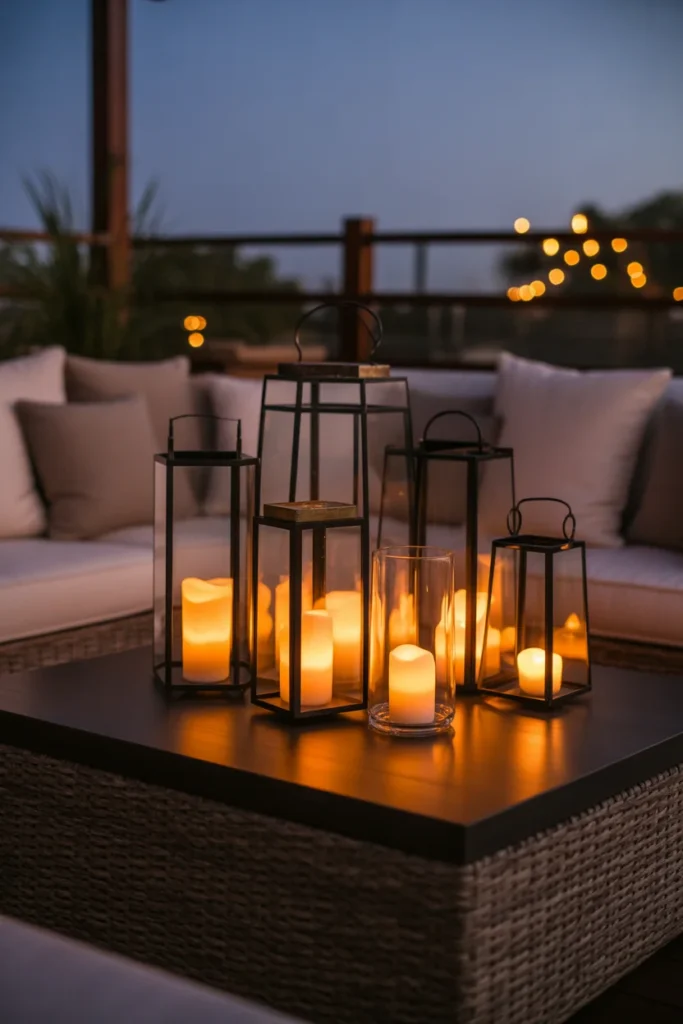 Lantern centerpiece styling on outdoor patio coffee table