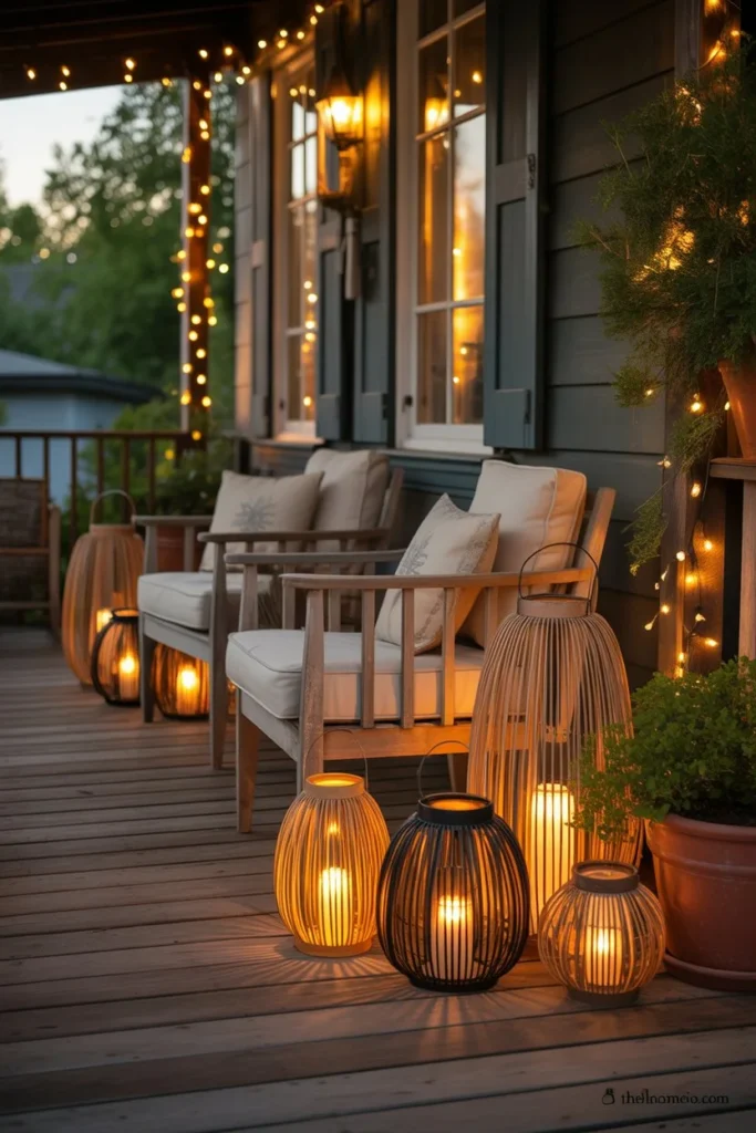 Layered lantern heights on front porch decor