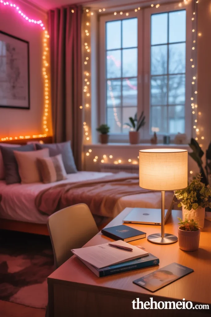 Warm LED lighting in aesthetic dorm room