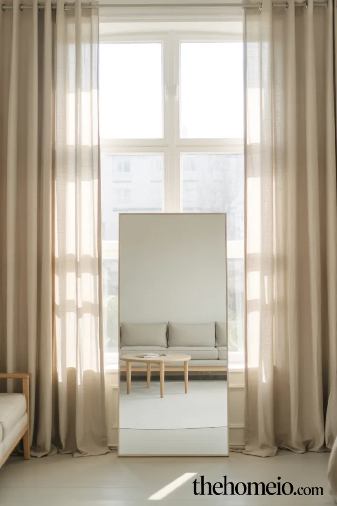 Scandinavian room with large mirror opposite window doubling daylight sheer linen curtains clear windowsill and simple pale furniture