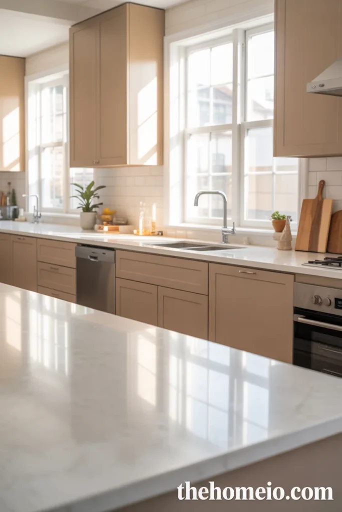 Taupe kitchen cabinets with white quartz countertops