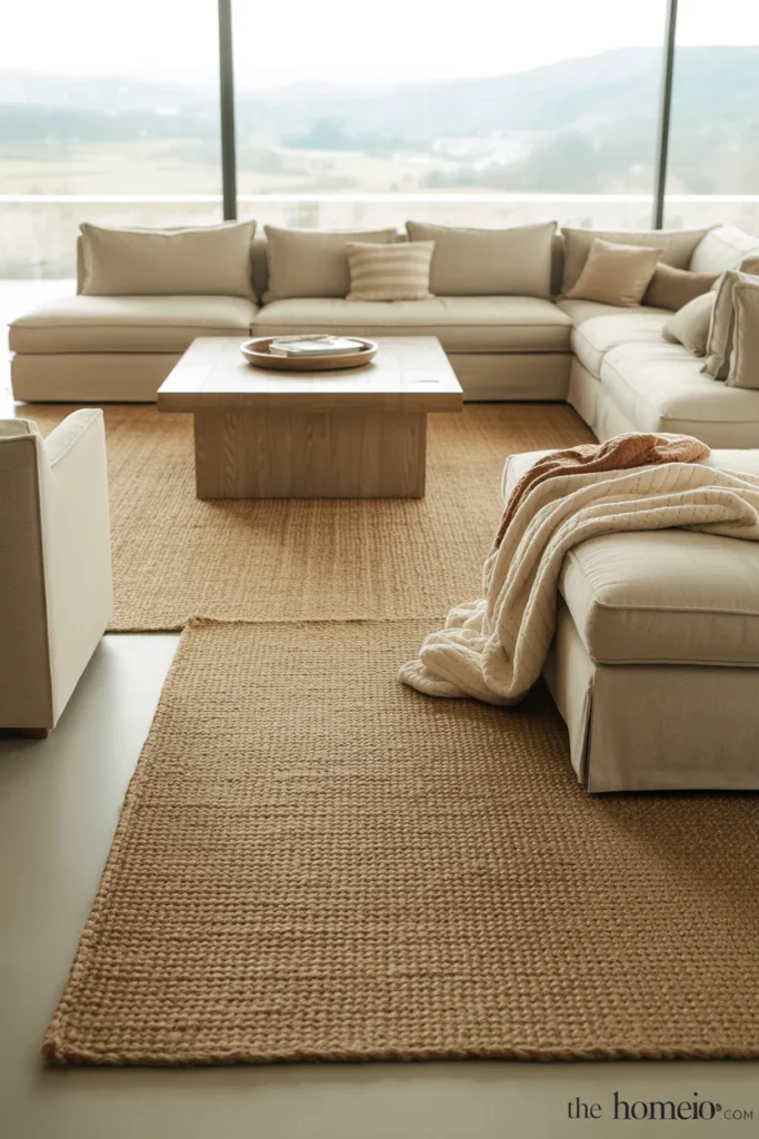 Large jute rug in modern neutral living room design
