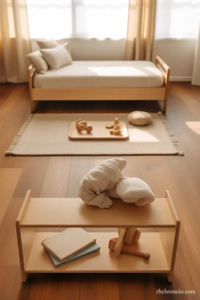 Montessori toddler floor bed with open safe layout