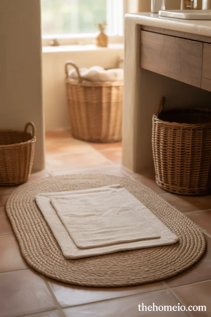 Boho bathroom floor with layered natural jute base bath mat and smaller oatmeal cotton mat on warm terracotta tiles