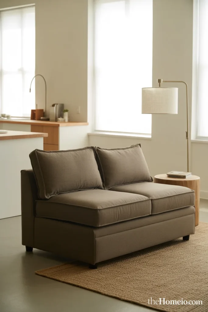 Small studio apartment with compact two-seat gray sleeper sofa side table floor lamp and jute rug in soft natural daylight