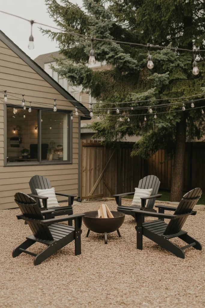 Gravel patio with fire pit and Adirondack chairs