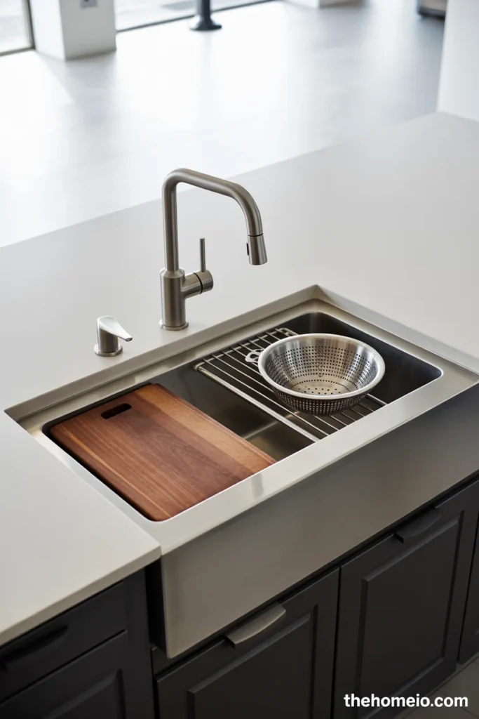 Contemporary kitchen with stainless steel workstation sink showing integrated ledges wooden cutting board and colander with matte black faucet