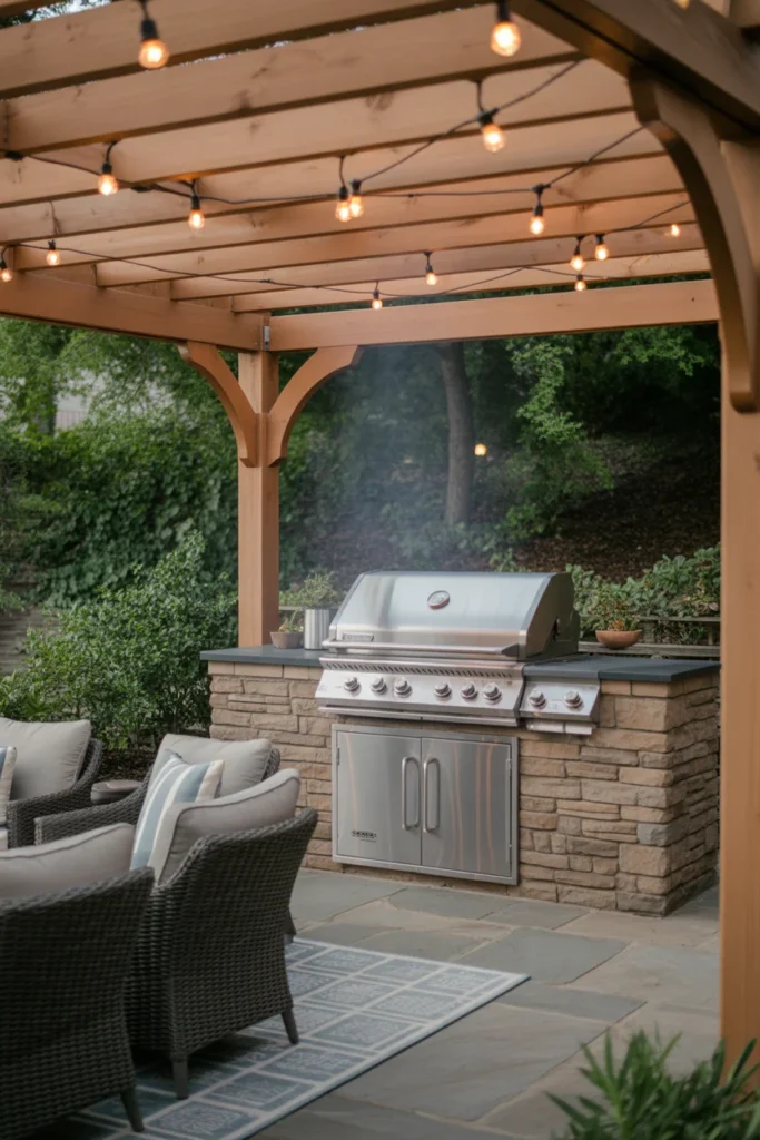 Covered outdoor grill patio under wooden pergola