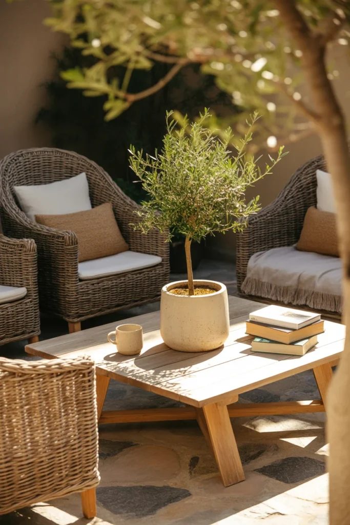 Outdoor patio coffee table with olive tree decor